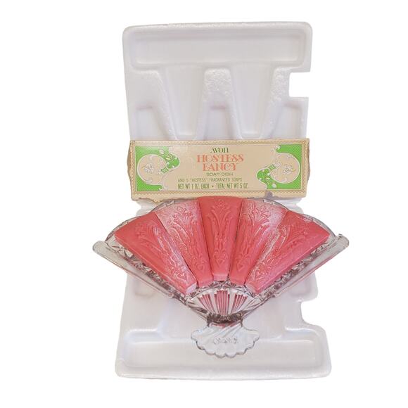 Vintage Avon Hostess Fancy Fan Soap Dish 5 Hostess Fragranced Soaps Glass Dish - Picture 11 of 11
